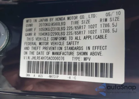 2010 Honda Cr-V Ex-L z USA, uszkodzony, nr VIN JHLRE4H70AC006076